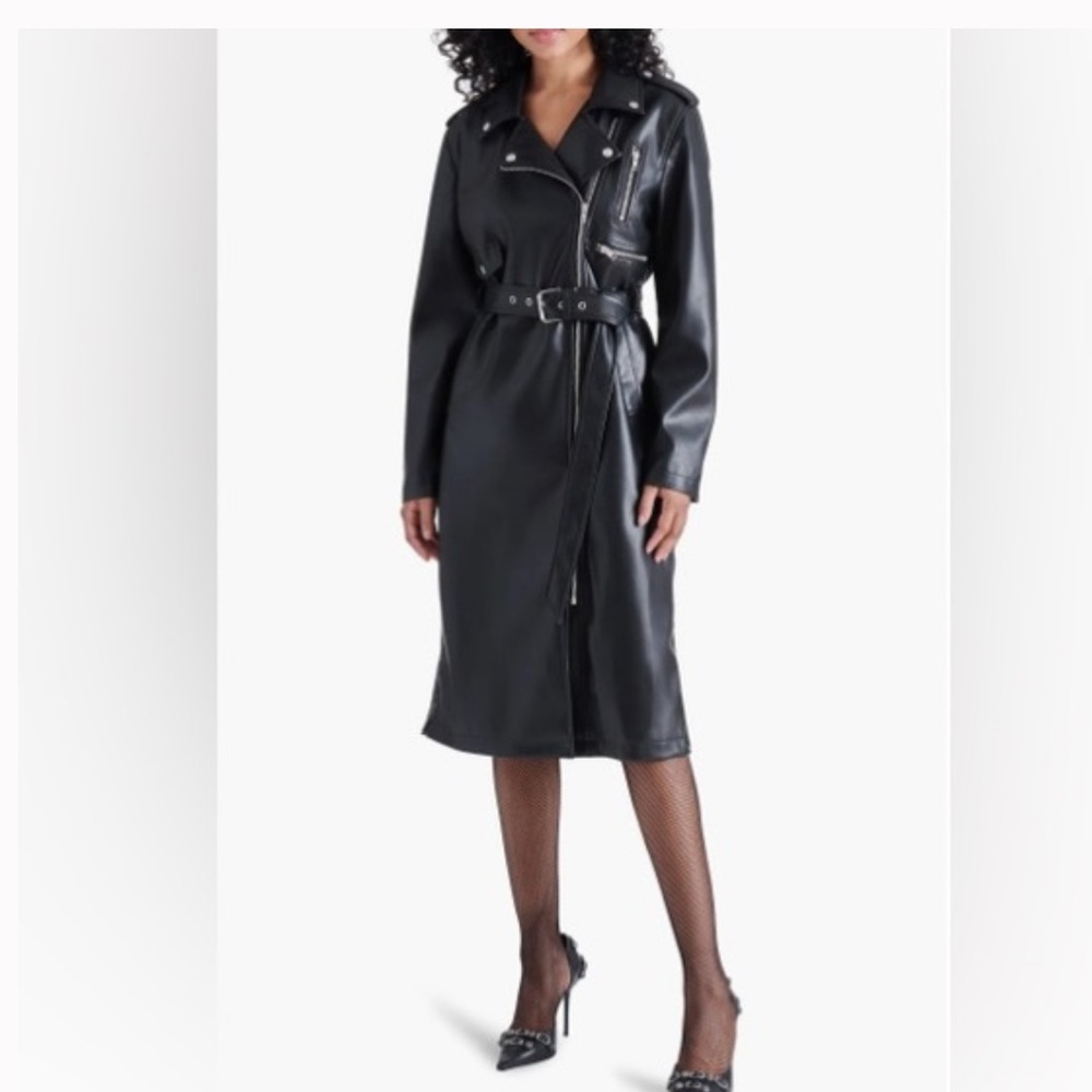 Steve Madden Kenna Faux Leather Long Moto Trench Coat